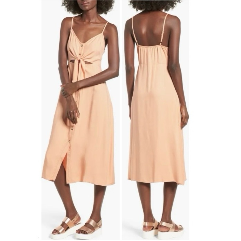 Mimi Chica Peekaboo Cutout Tie Front Midi Dress Size XS Pastel‎ Peach Sundress